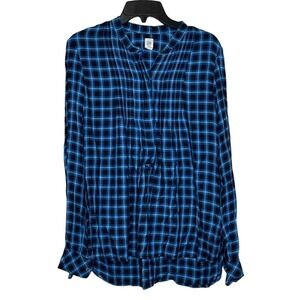 Gap Blue Plaid Pintuck Flowy Preppy Blouse Long Sleeve Front Button Women Small